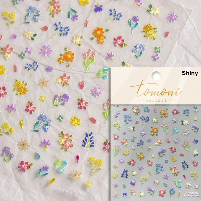 1 pc 5D sunflower nail stickers rose daisy cherry blossom self-adhesive nail art stickers oil painting style decorative sticker