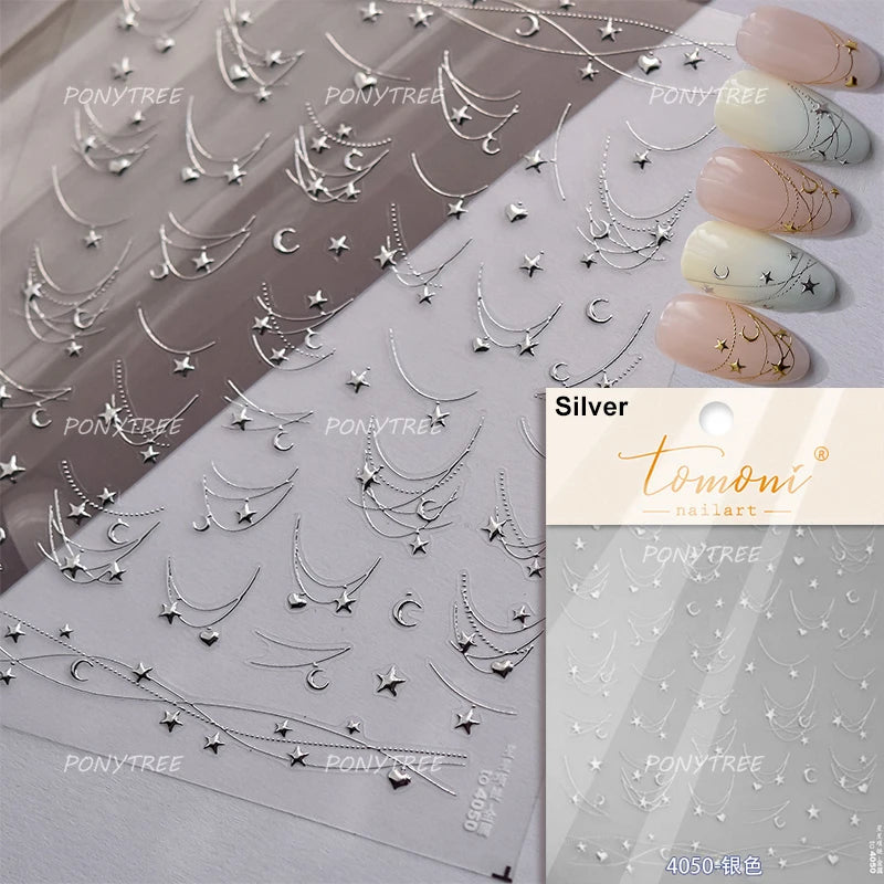 Geometric Lines Star Love Heart Chain Silver Gold Lava Letter Flower Growth Ring Number 5D DIY Nail Art Stickers Manicure Decals