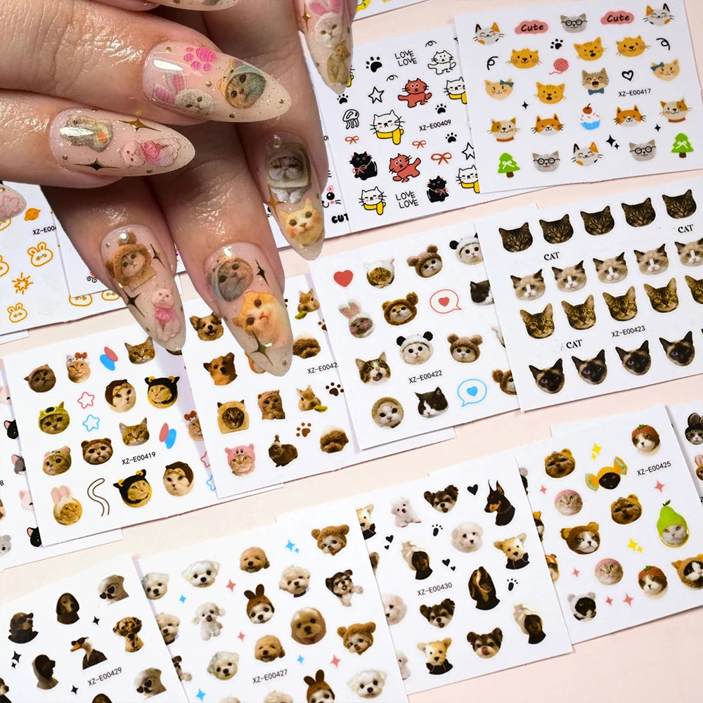 30pcs Cute The Cat Dog in the Hat Nail Stickers 3D Lovely Animal Kitten Puppy Pets Nail Decals Self-Adhesive Cartoon Nail Slider