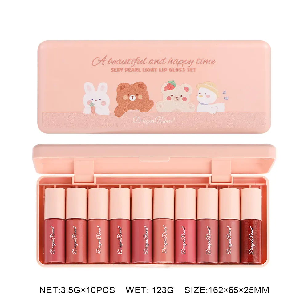 10-Color  Cute Cartoon Mini Mirror Lip Gloss Set, Moisturizing Lip Gloss, Long-Lasting, Fades Lip Lines, Touch-Ups Lipstick