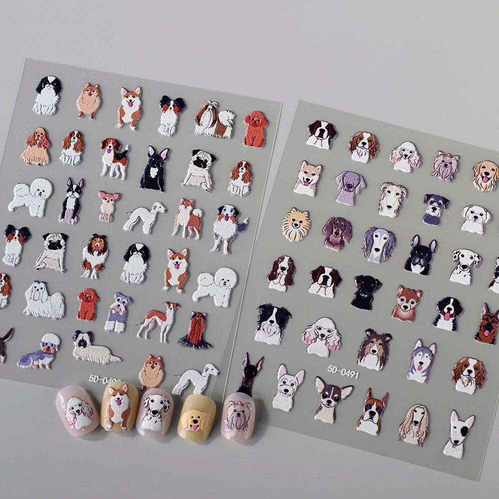 2pcs/Set Happy Dog Nail Decorative Stickers 5D Embossed Cute Cartoon Corgi Pomeranian Puppy Nail Decals DIY Animal Manicure Deco