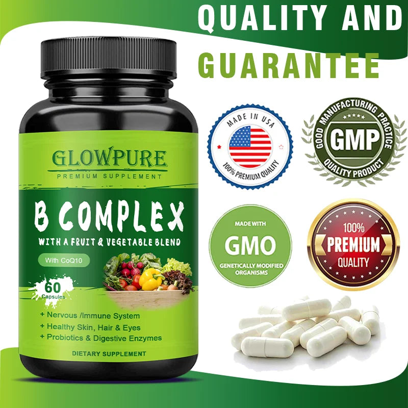 B Complex Vitamins for Nervous System & Energy - Supports Immunity, Heart Health, Hair, Skin & Nails