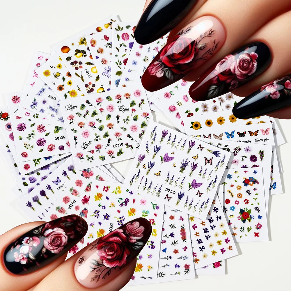 30Pcs/set Colorful Butterfly/Flowers Nail Stickers Kawaii Cute Mini Rose/Lavender/Sunflower Nail Decal DIY Adhesive Nail Floret
