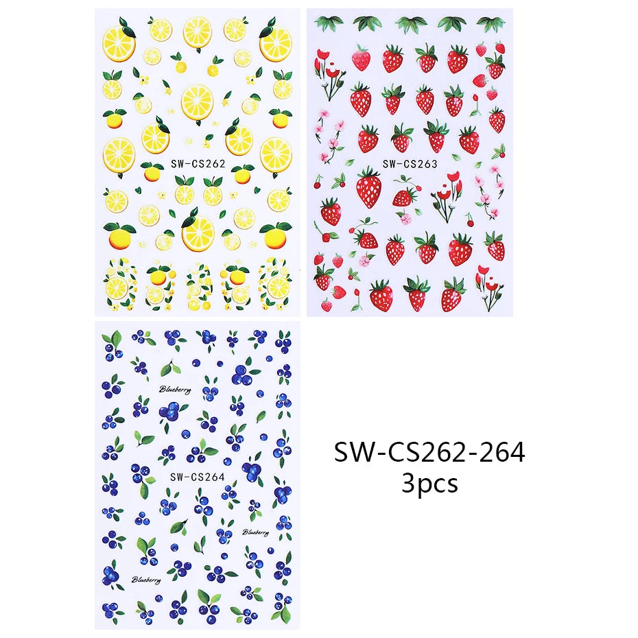 3pcs Lemon Fruits Nail Stickers 3D Cute Strawberry Blueberries Petals Nail Decals DIY Adhesive Slider Summer Manicure Decoration