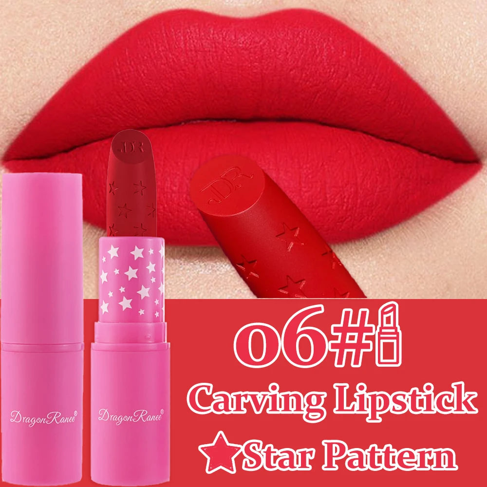 Waterproof Rose Pink Lipstick Star Embossed Velvet Matte Lasting Lip Stick Lasting Non-stick Cup Lip Gloss Women Makeup Cosmetic