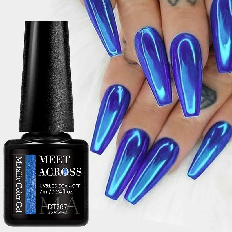 MEET ACROSS 7ml Red Blue Green Metallic Gel Nail Polish Super Bright Mirror Effect Semi Permanent LED UV Gel Nail Art Varnish