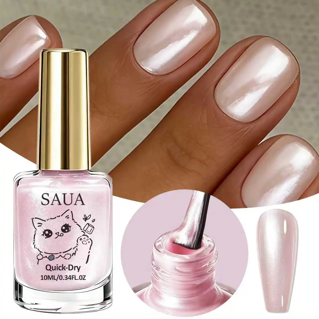 Pink Pearlescent Nail Polish; Quick-Drying, No Lamp Required, Long-Lasting Formula; Adds a Pearly Sheen and Brightens the Nail S