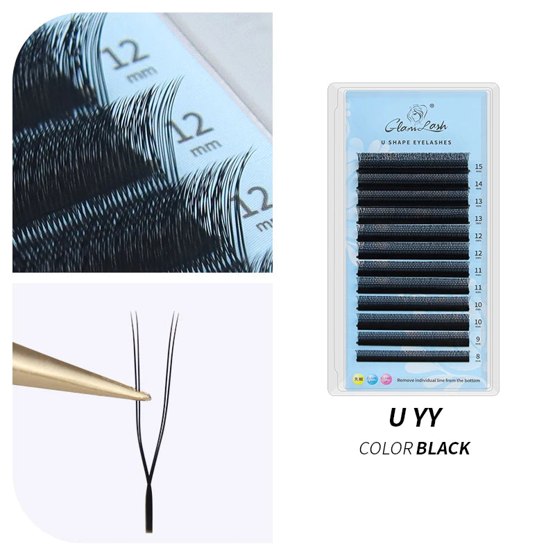 GLAMLASH U Shape YY False Eyelashes 8-15mm Mix C D Curl Double Tips Lashes Extension Hand-wowen Individual Eyelash