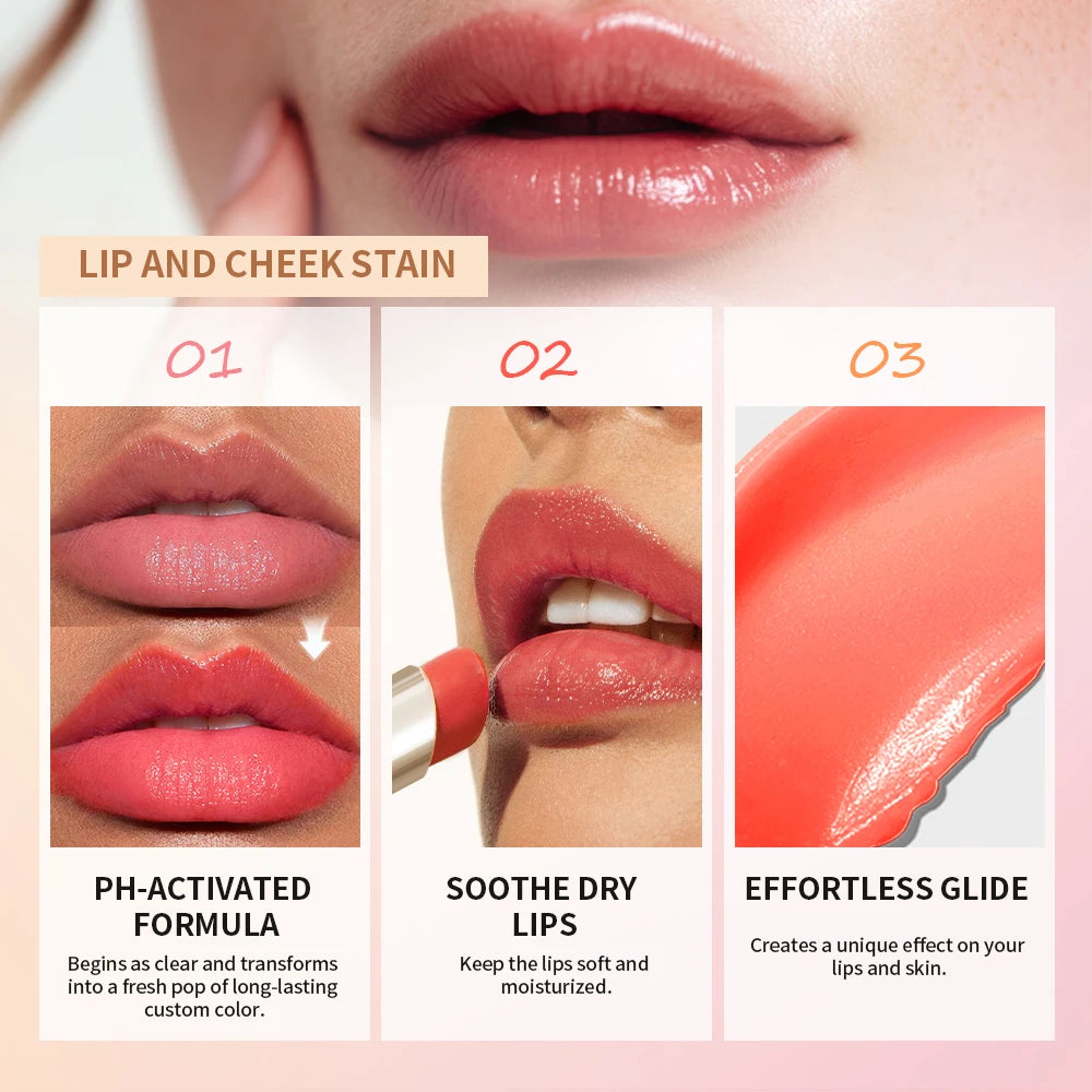 Lip And Cheek Stain PH-Activated Formula Delivers Long-Lasting Natural Color Change Hydrating Botanical Oils Lips Care