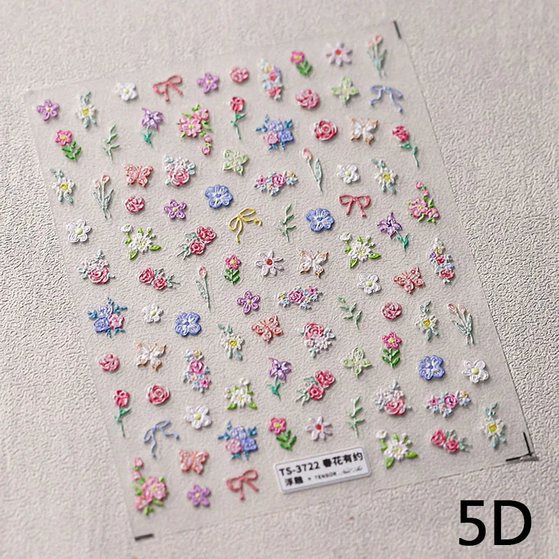 1 pc 5D sunflower nail stickers rose daisy cherry blossom self-adhesive nail art stickers oil painting style decorative sticker