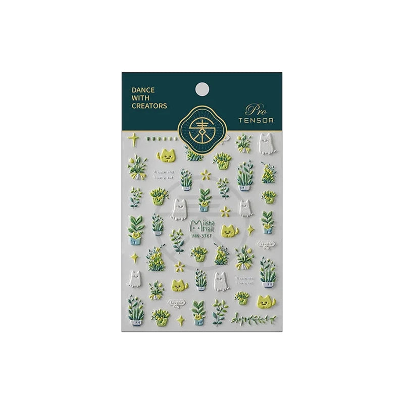 1Pcs Lovely Cat Green Potted Plant Flowers Nail Stickers 5D Reliefs Self Adhesive Nail Art Stickers Manicure Decorations Decals