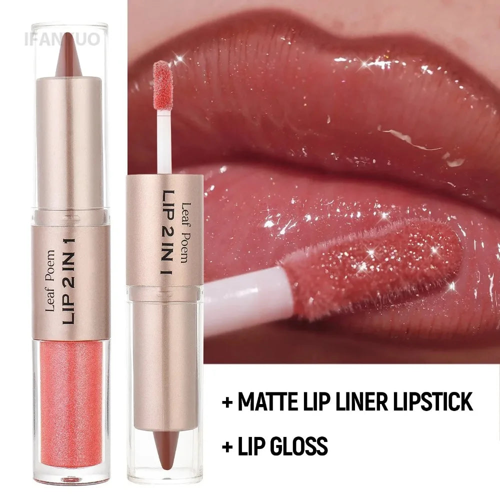 Pink Brown Tapered Lip Liner Contour Pencil Double Head Mirror Plumping Lip Glaze Crystal Lip Gloss Sexy Red Lips Tint Makeup