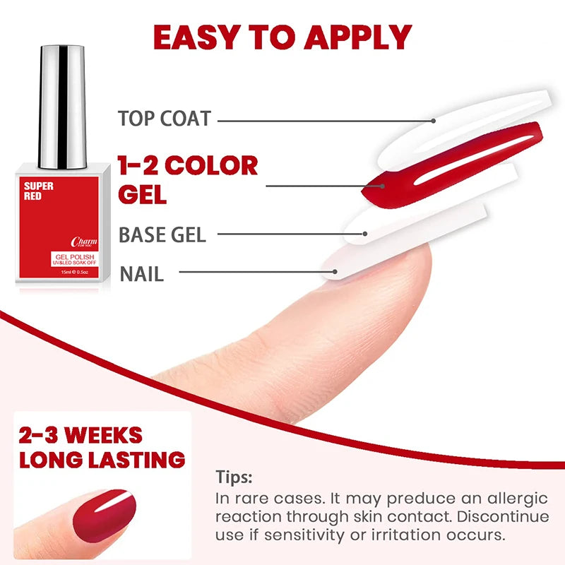 15ml Classic Gel Nail Polish, Vibrant Black,White Red Shades Varnish Easy Soak Off UV LED Nail Gel for Home Salon & DIY Nail Art