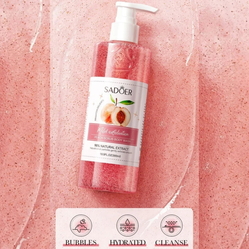 300ml Peach Exfoliating Shower Gel, Rich in Peach Extract, Citrate Salts and Other Ingredients, with a Fresh Peach Scent, Long-Lasting Fragrance, Rich Foam, and Delicate Exfoliating Particles That Can Effectively Penetrate an