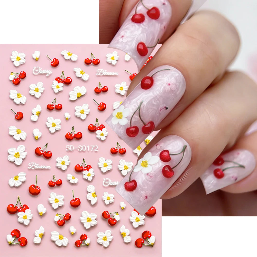 1Pcs 5D Cherry Daisy Nail Stickers Cute 3D Red Cherry White Flower Self-Adhesive Nail Art Decals Summer DIY Manicure Decoration
