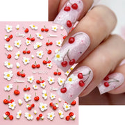 1Pcs 5D Cherry Daisy Nail Stickers Cute 3D Red Cherry White Flower Self-Adhesive Nail Art Decals Summer DIY Manicure Decoration