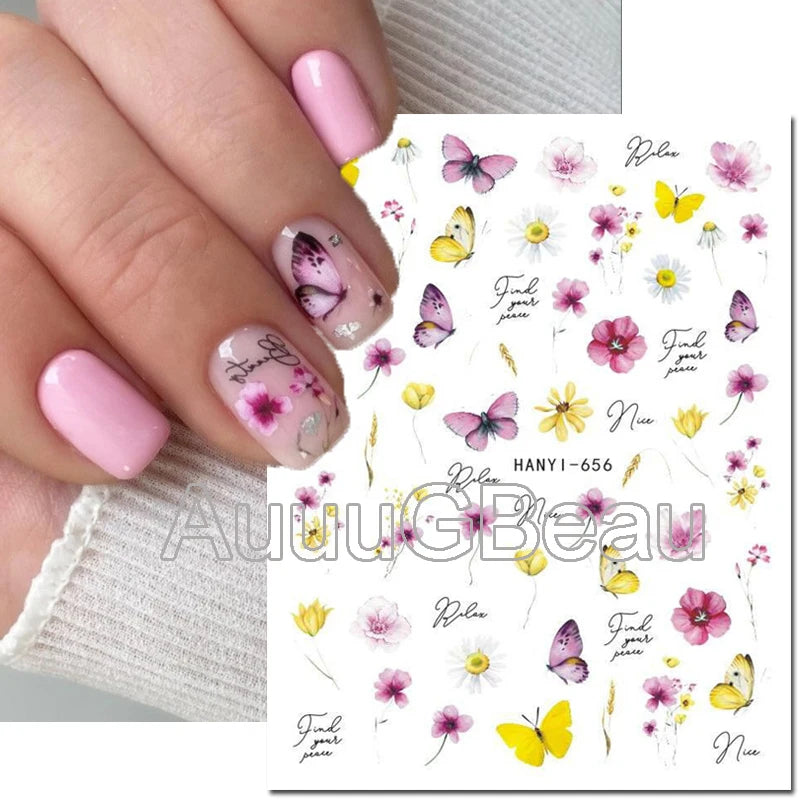 3d Nail Art Decals Geometric Lines Daisy Sunflowers Letters Adhesive Sliders Nail Stickers Decoration For Manicure