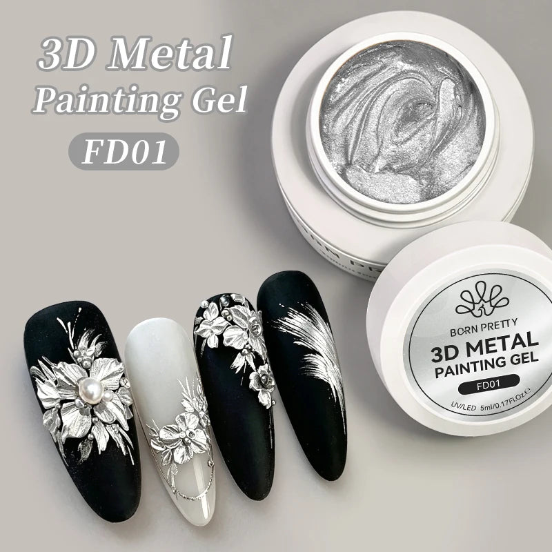 BORN PRETTY 5ml Gold Silver 3D Metal Nail Gel Polish Carving Plaster Texture Embossed Nail Gel Metal for DIY Manicure Art