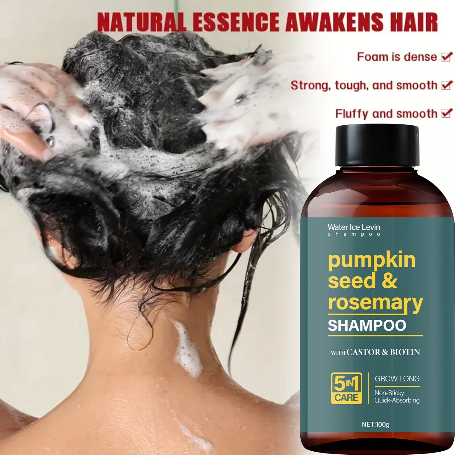 Water Ice Levin Pumpkin Seed & Rosemary Shampoo with Castor Oil & Biotin for Hair Growth, 5M Care, Non-Sticky Formula