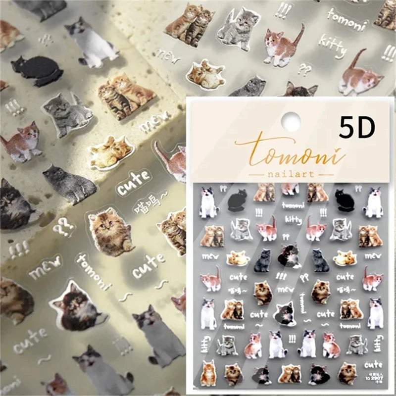 5D Relief Self Adhesive Nail Art Decoration Stickers 3D Colored Manicure Decal DIY Kitty Lovely Cat Bunny Animal Flower Bow Tie