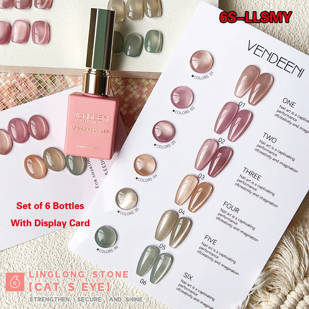 Vendeeni 6-Colors Set Pink Jelly Cat Eye Gel Nail Polish UV LED Nude Skin Crystal Magnetic Manicure Varnish with Color Card