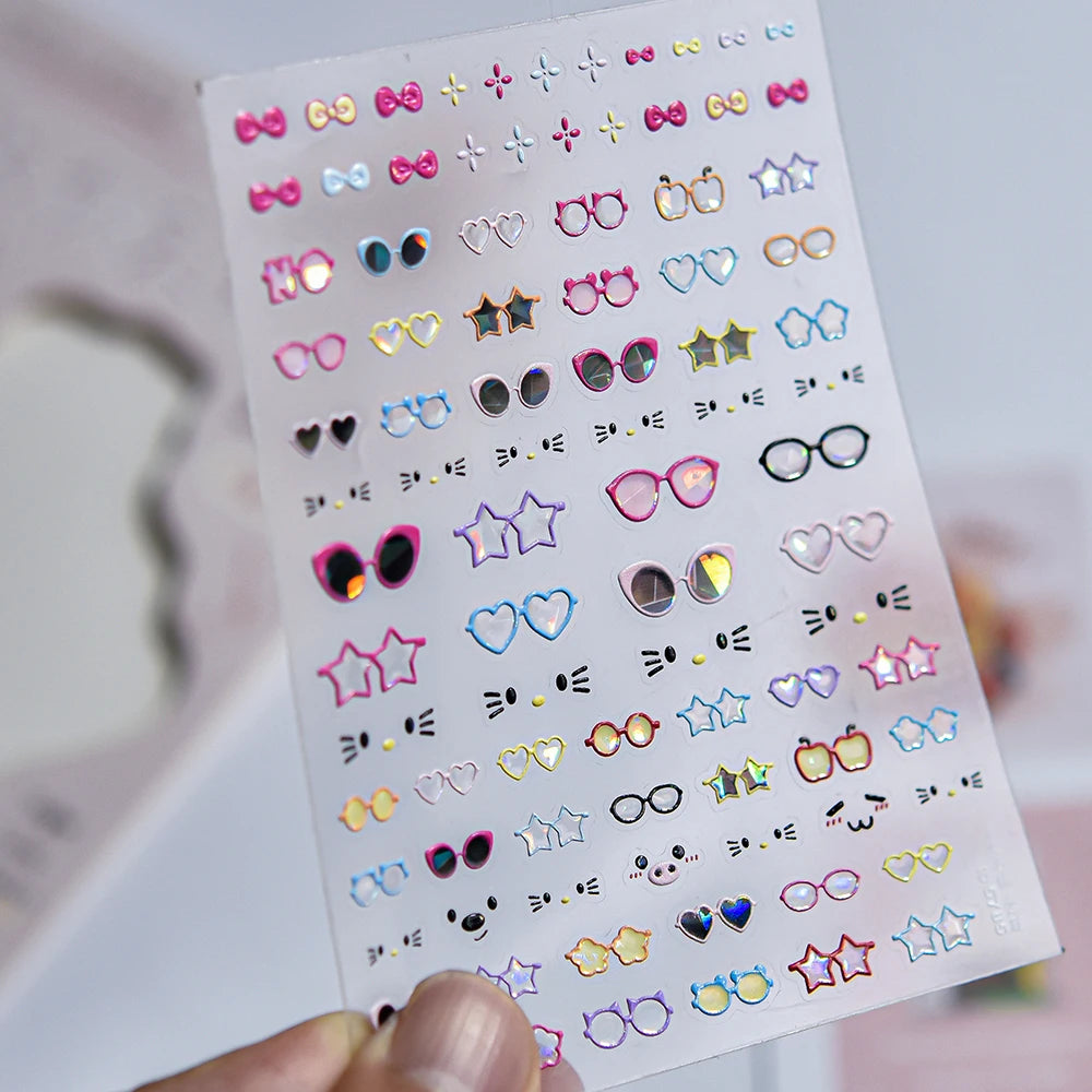 5D Adhesive Nail Art Stickers with Cute Glasses Design and Cartoon Funny Cat Expression for Manicure DIY Charms Slider Sticker