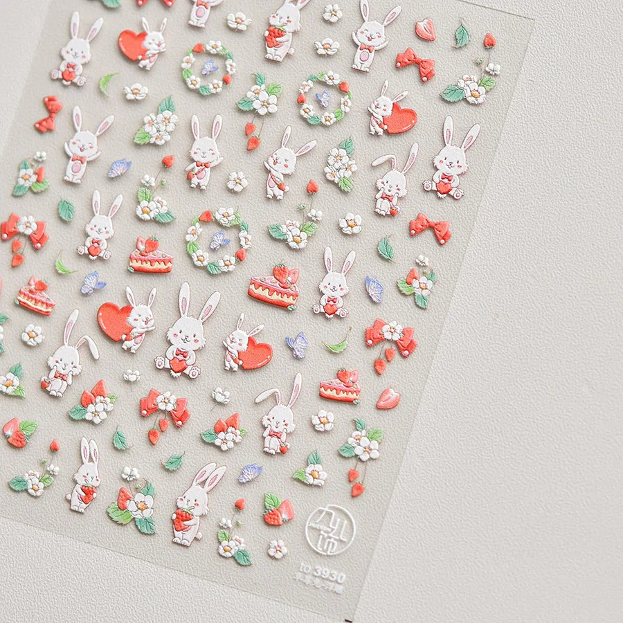 1pcs Japanese Cute Graffiti Lines Nail Art Stickers 5D Embossed Butterfly Rabbit Nail Art Accessory Stickers Self Adhesive Decal