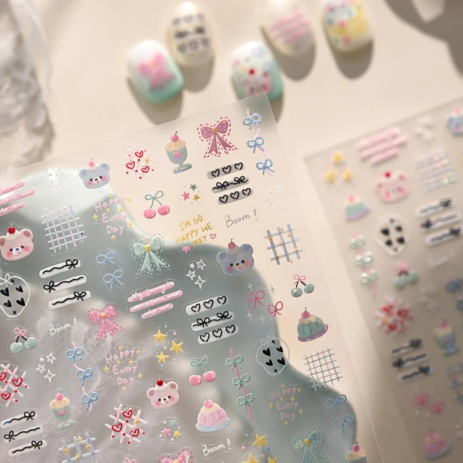 5D Pink Blue Bear Dessert Cake Pudding Candy Cane Heart English Slogan Nail Art Stickers Cute Baby Bear Party Embossed Decals