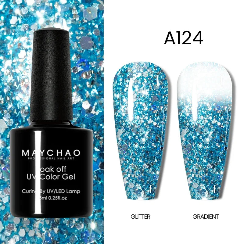 MAYCHAO Glitter Gel Nail Polish 7.3ml Semi-permanent Sequins Shiny Gel Base Top Coat Soak Off UV LED Varnish Nail Art Decoration