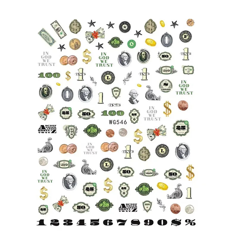 3D Money Dollar Sign Nail Art Stickers Decal Wealthy Rich Style Self Adhesive Nails Acrylic Manicure Tips Decoration Tool
