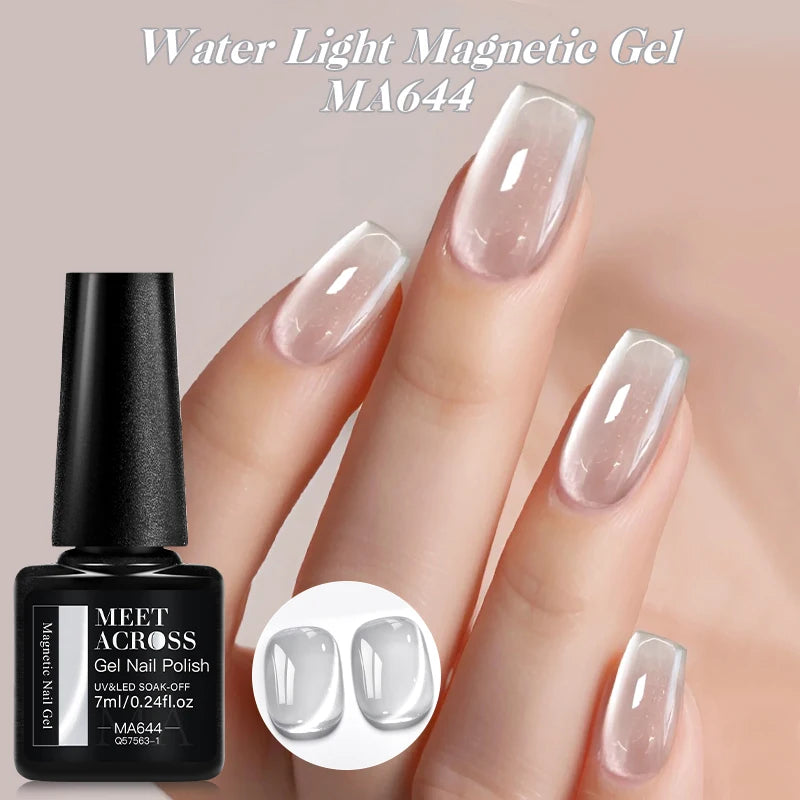 MEET ACROSS 7ml Porcelain White Cat Eye Gel Polish Holographic Glitter Magnetic Galactic Effect Gel Nail Polish Soak Off UV Gel