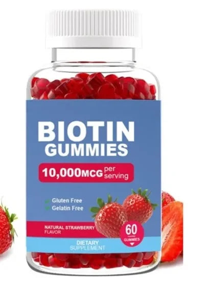 Biotin Gummies 10000 Mcg Hair Skin Nails Support, Vitamin B7 Beauty Supplement, Gluten Free Vegan Non-GMO Strawberry, 60 Gummies