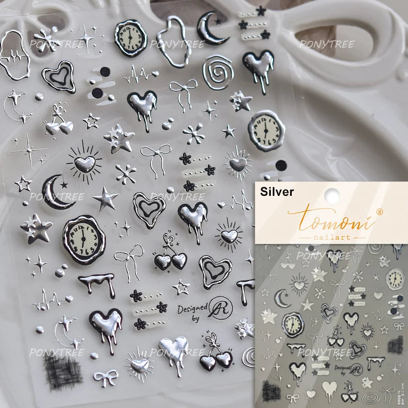 Geometric Lines Star Love Heart Chain Silver Gold Lava Letter Flower Growth Ring Number 5D DIY Nail Art Stickers Manicure Decals