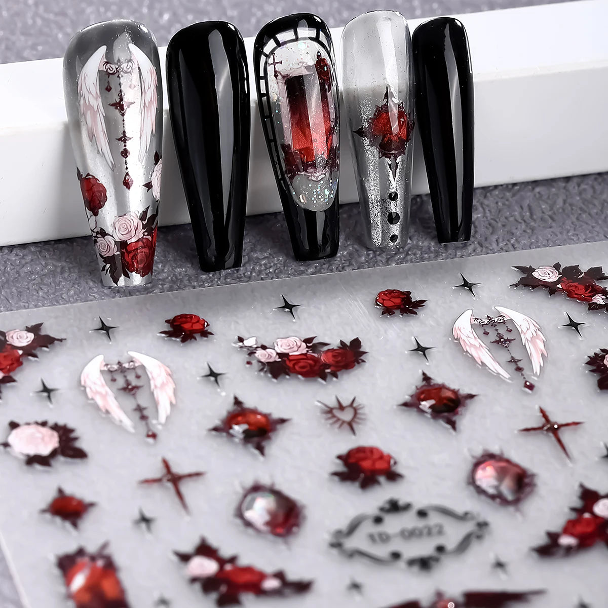 2pcs 5D Red and black Gothic Nail Art Stickers Rose Spider Wing Y2K Nail Decals for DIY Nail Decoration Manicure Sliders