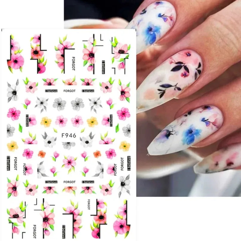 3D Flower Petal Nail Stickers Purple Pink Tulip Leaf Clover Summer Avocado Fruit Geometric Line Floral Manicure Decoration
