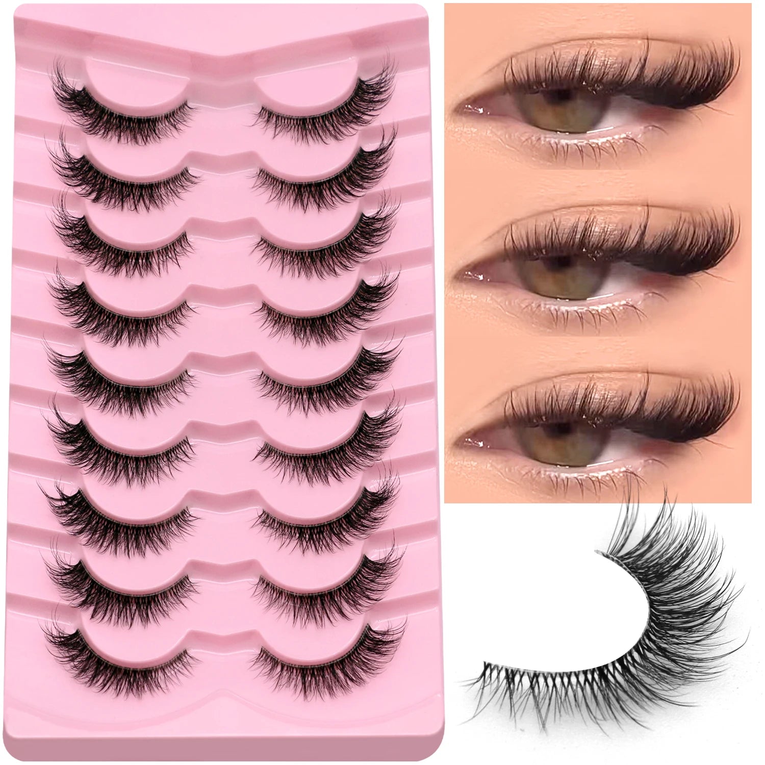 LASVIREY Fluffy Cat Eye Lashes Natural Mink Lashes Clear Band Natural Fluffy D Curl  Lashes Extension Full Strip False Eyelashes