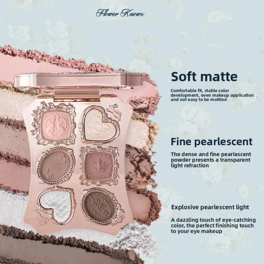 Flower Knows Garden Matte Pearlescent Powder Fine Six Color Eye Shadow Contour Palette Long Lasting Makeup Glitter Eyeshadow