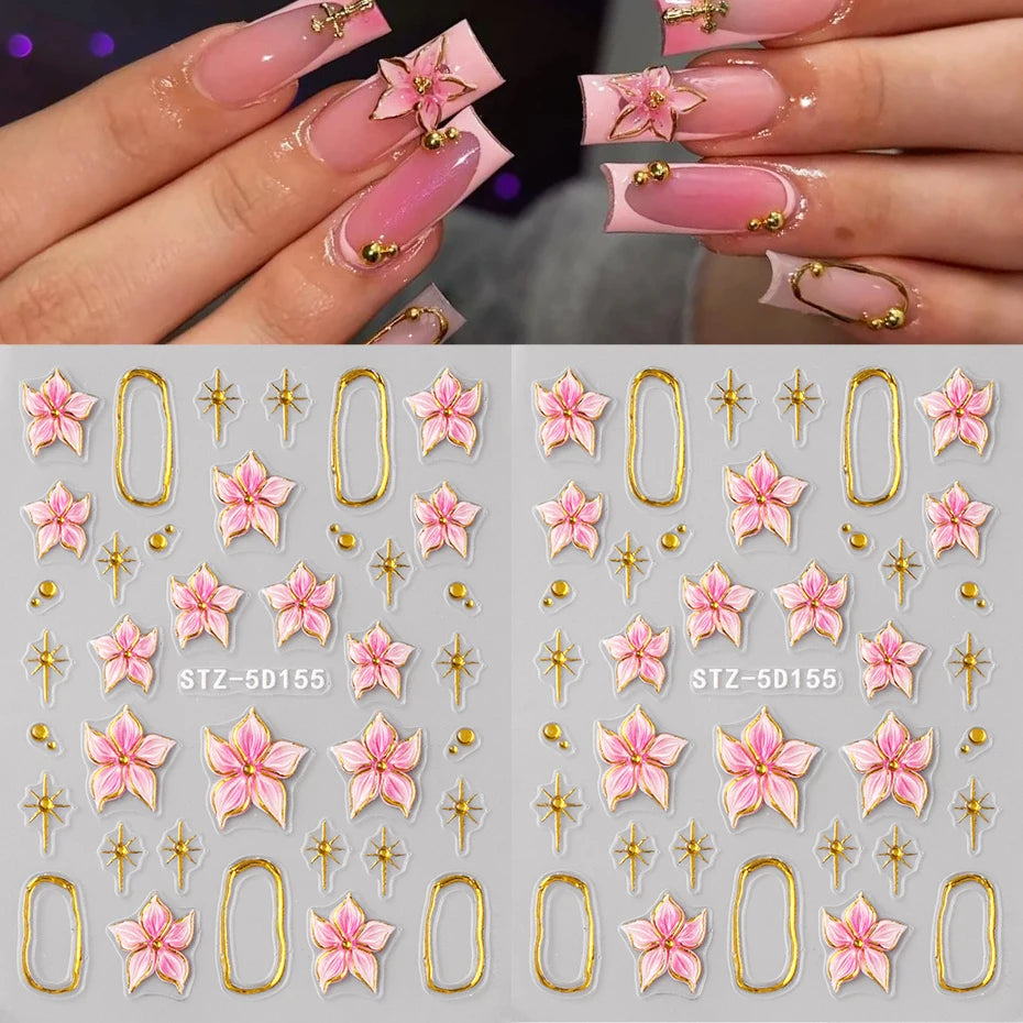 2pcs Embossed Hibiscus Flower Nail Art Sticker Pink Flower With Golden Metal Ring Charm Self-Adhesive Decals Manicure Decoration