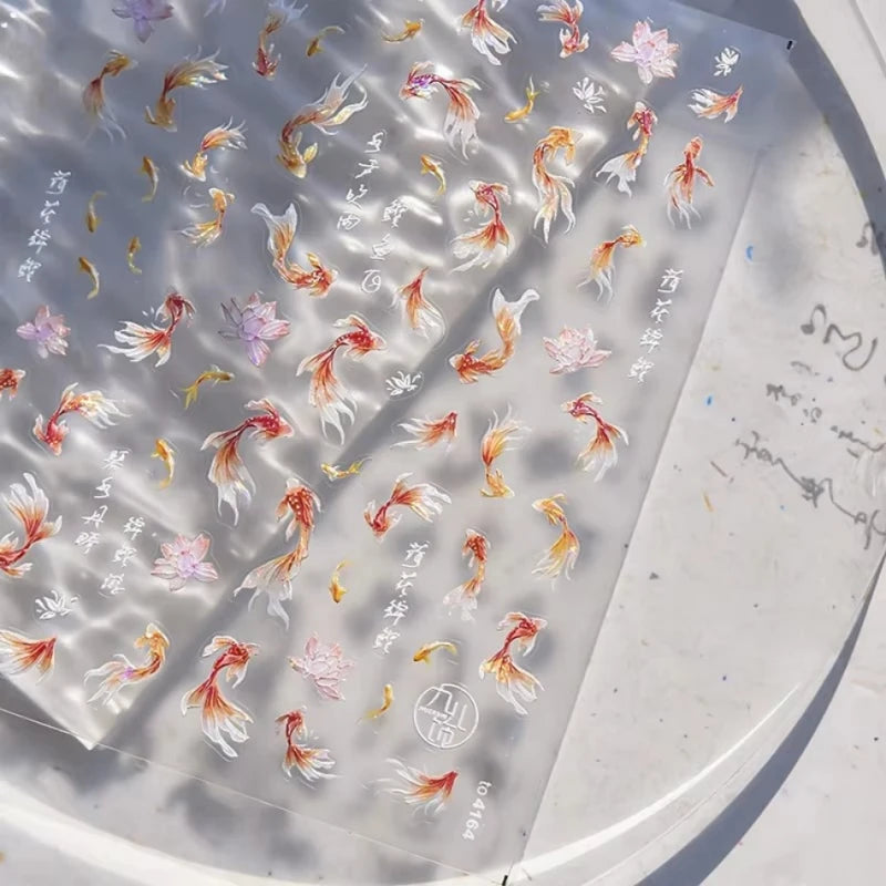 5D Rich Goldfish Nail Stickers Lotus Carp Ribbons Nail Art Appliqués Handmade Creative Nail Art Decorations