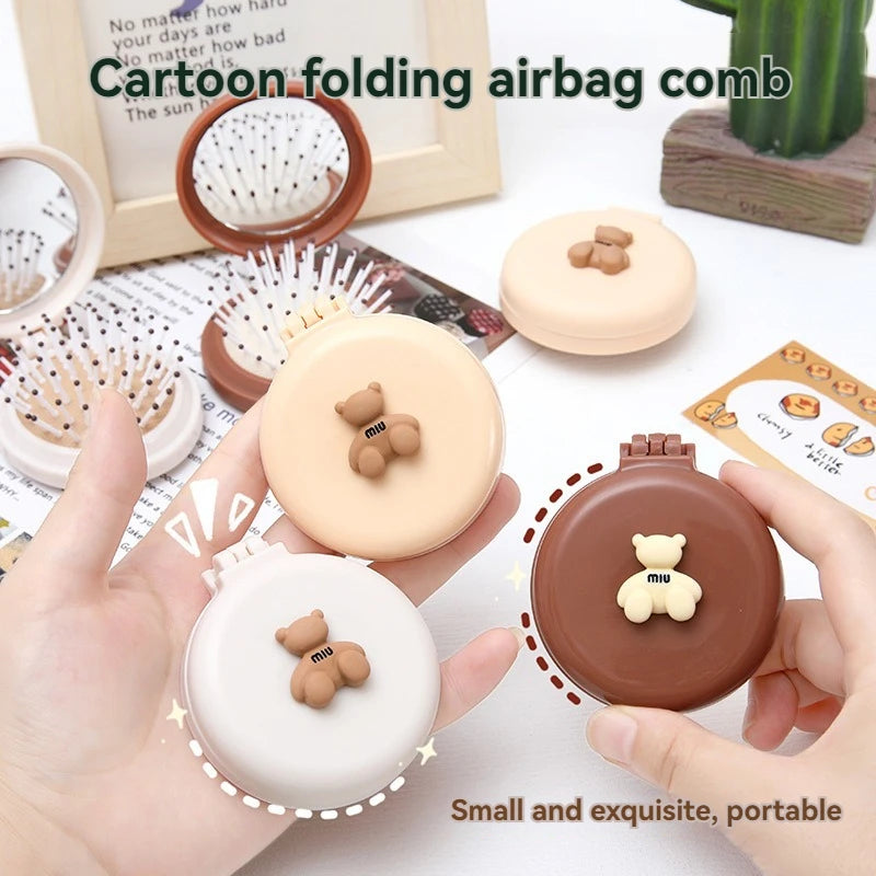 Cute Cartoon Little Bear Folding Comb For Little Girls Portable Mini Air Cushion Comb Massage Small Comb Mirror Integrated