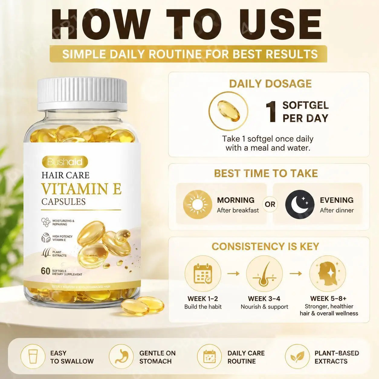 BushAid Hair Care Vitamin E Softgels with Biotin and Zinc for Healthy Hair Growth, Skin Hydration and Strong Nails, 60 Softgels