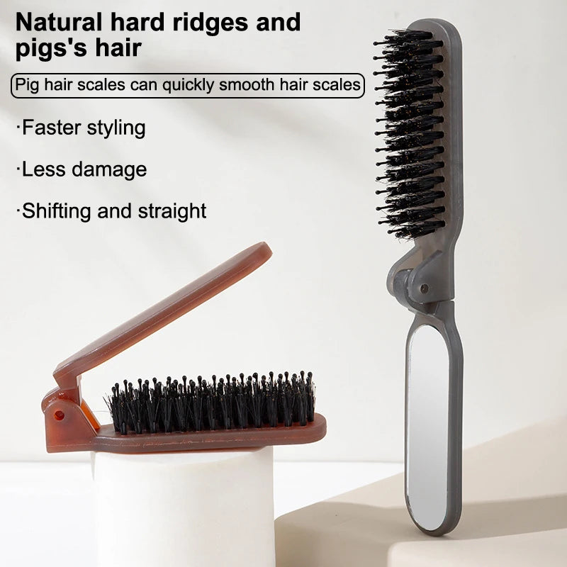 Boar Bristle Massage Hair Comb Anti Static with Makeup Mirror Folding Comb High Skull Integrated Styling Combs Supplies