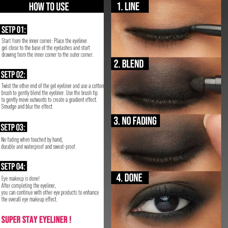 Dual-ended Black Gel Eyeliner Pencil, Waterproof Long-lasting Easy To Apply, Soft Cotton Head Eyeliner Pen, Smooth Eyeliner Pen