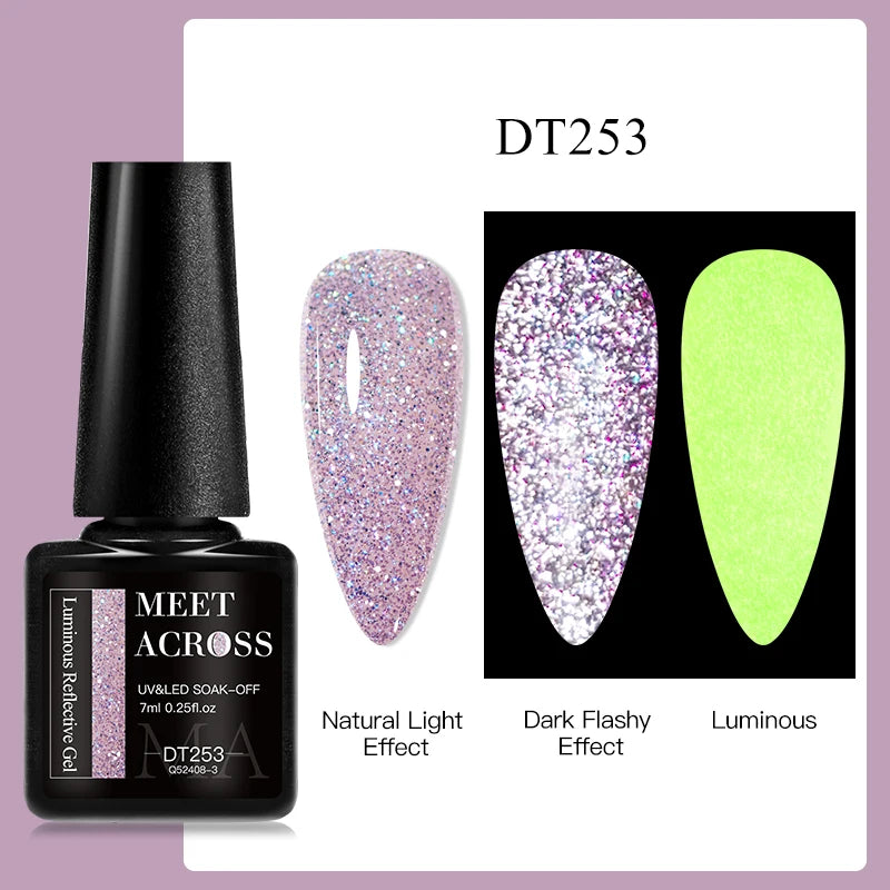 MEET ACROSS 7ml Reflective Glitter Gel Nail Polish Pink Green Purple Sparkling Soak Off UV Gel Polish for Manicure DIY Nail Art