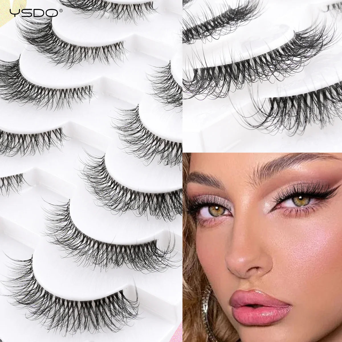 YSDO False Lashes 5/10 Pairs Half Lashes Natural Long Cat Eye Lashes 3D Mink Eyelashes Full Strip Lashes Extension Makeup Tools