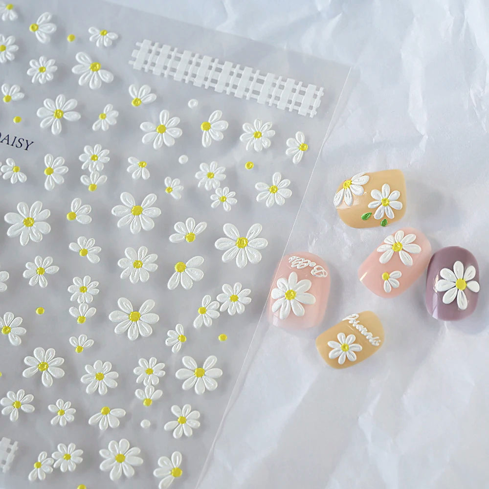 2pcs 5D White Daisy Design Nail Art Stickers Embossed Daisy Floret Green Leaf Nail Art Decals DIY Spring Summer Decor Stickers