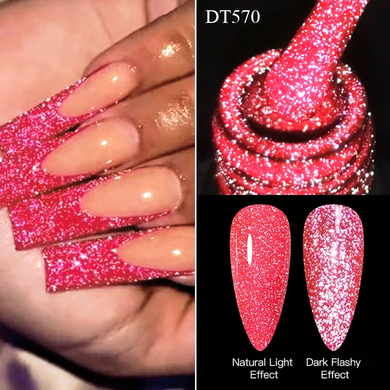 MEET ACROSS 7ml Reflective Glitter Gel Nail Polish Pink Green Purple Sparkling Soak Off UV Gel Polish for Manicure DIY Nail Art