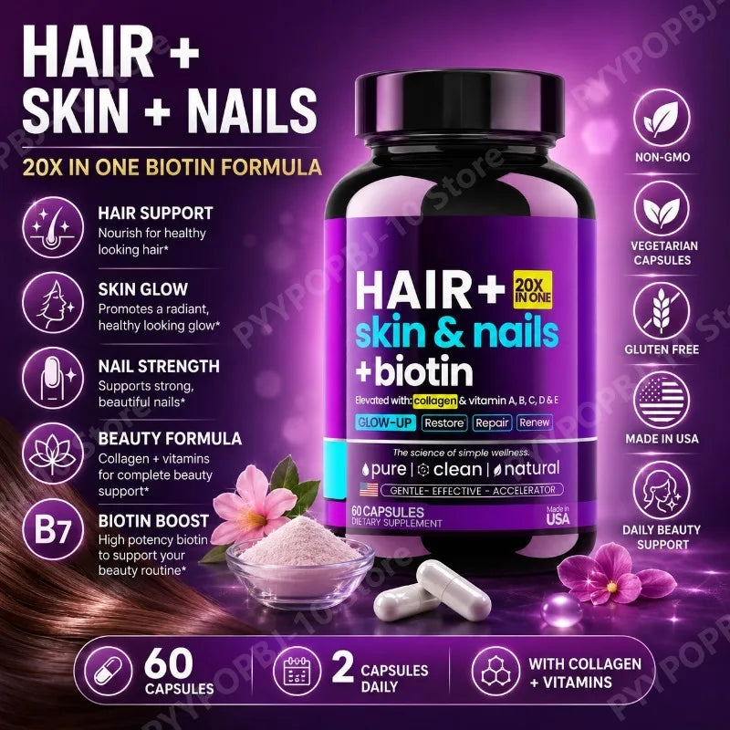 HAIR Skin Nails Beauty Formula with Biotin 10000mcg Collagen Hyaluronic Acid Daily Beauty Support 60 Capsules for Man and Woman