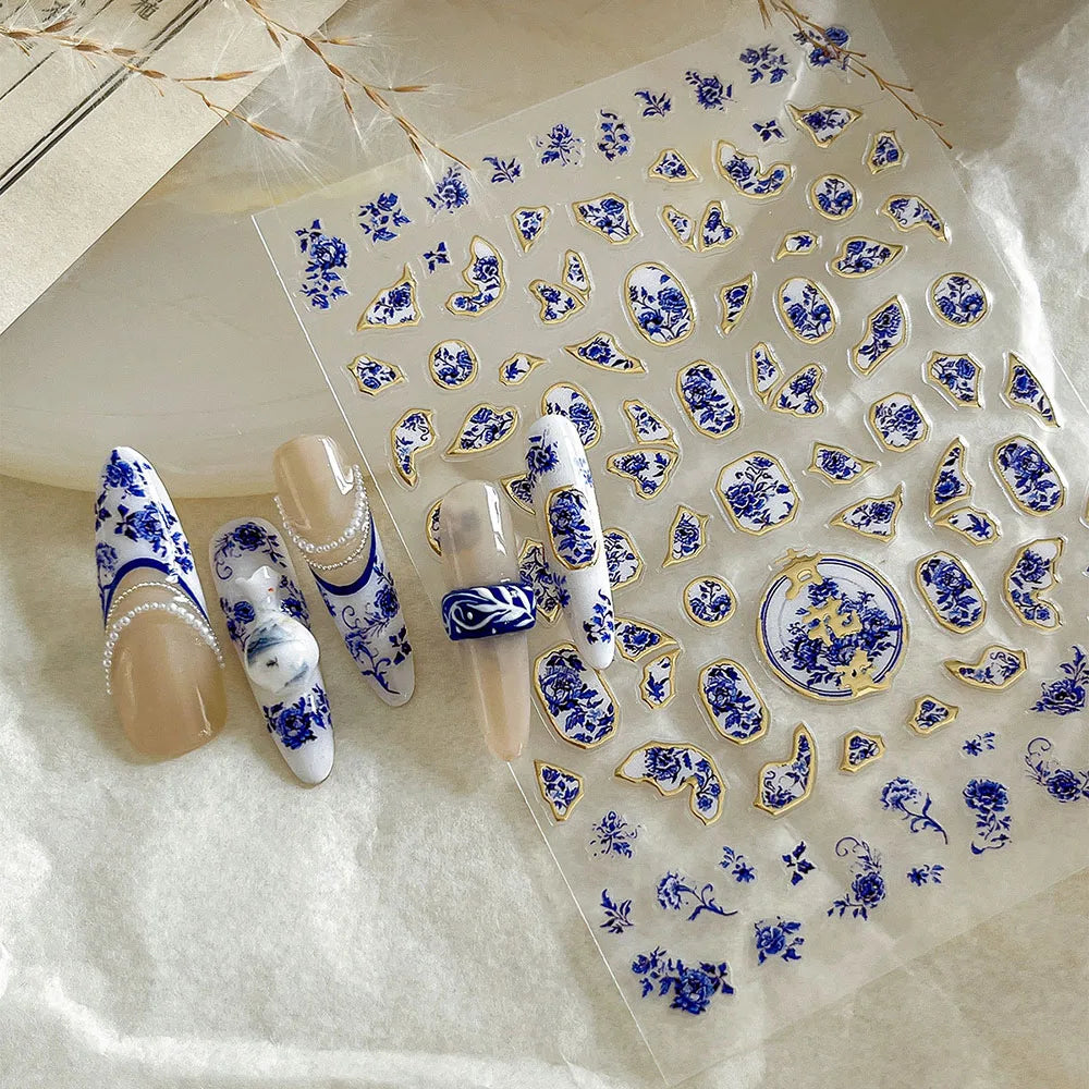 Blue Bronzing Flower Nail Stickers Chinese Style Blue and White Porcelain Nail Decals Back Glue Adhesive French Nail Art Sticker