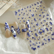 Blue Bronzing Flower Nail Stickers Chinese Style Blue and White Porcelain Nail Decals Back Glue Adhesive French Nail Art Sticker